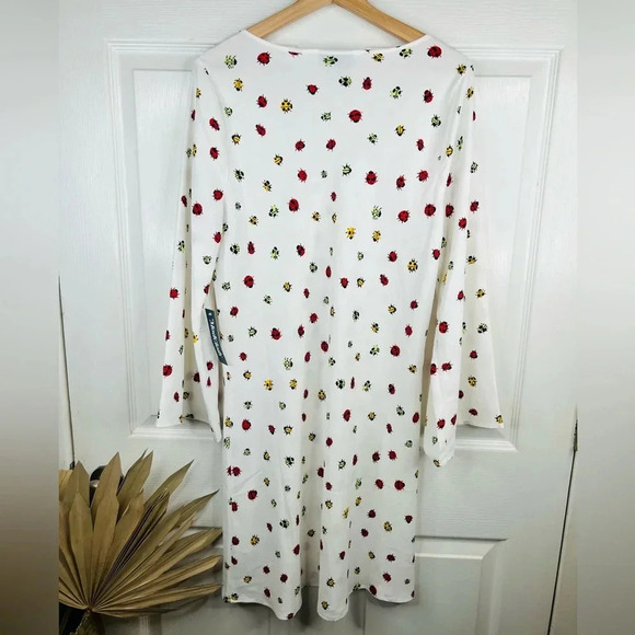 ModCloth Women's White with Ladybug Print A-Line Mini Dress Size L Bell Sleeve - Picture 3 of 13
